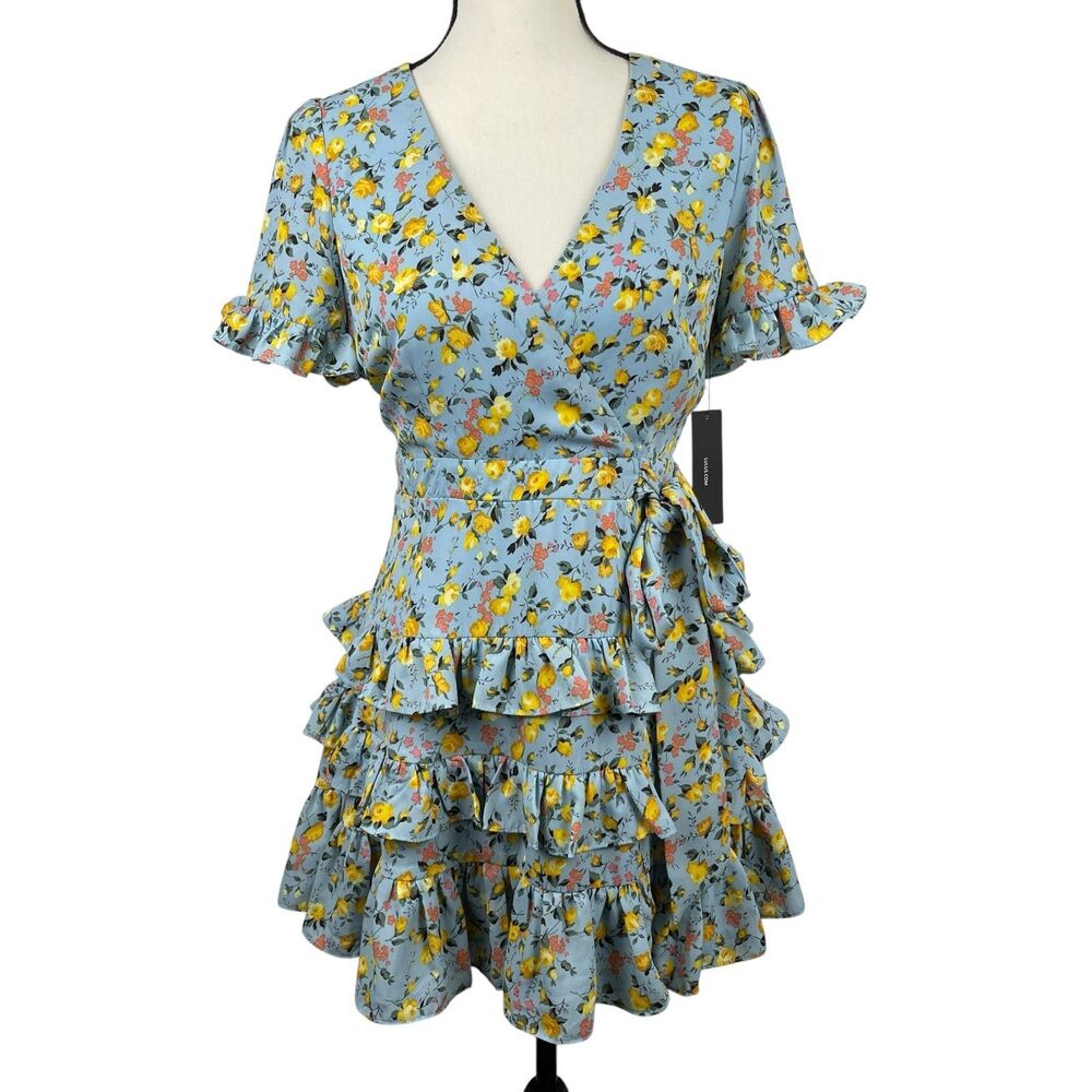 Lulus Feeling Butterflies Blue Floral Boho Tiered Ruffle Mini Dress Medium